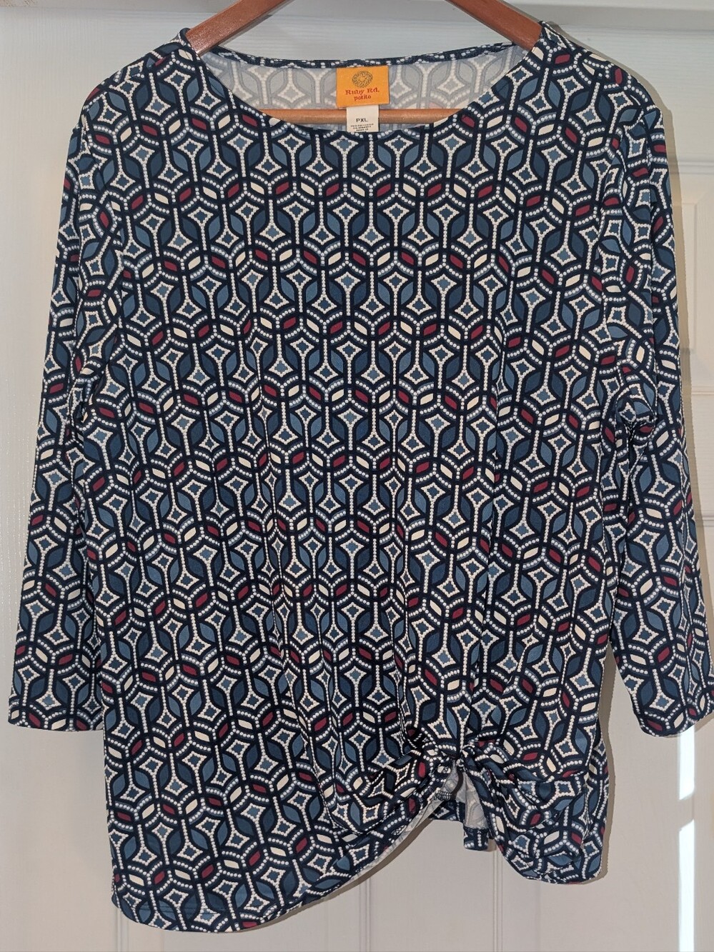 Ruby Rd. Navy Geometric Tie-Front Tunic with White and Burgundy Motif